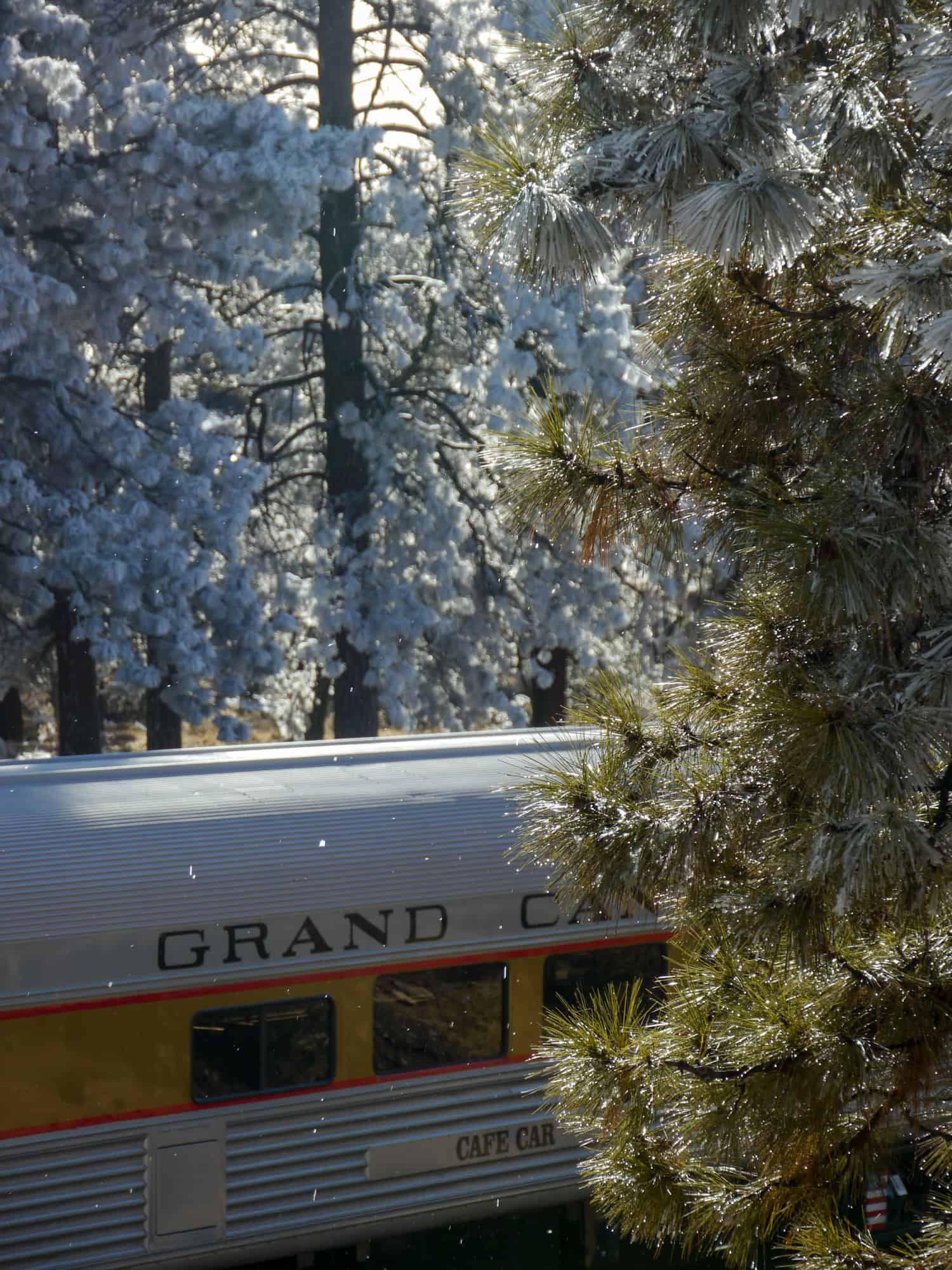 snow covered trees and the grand canyon train is an example of being creative while photographing the grand canyon