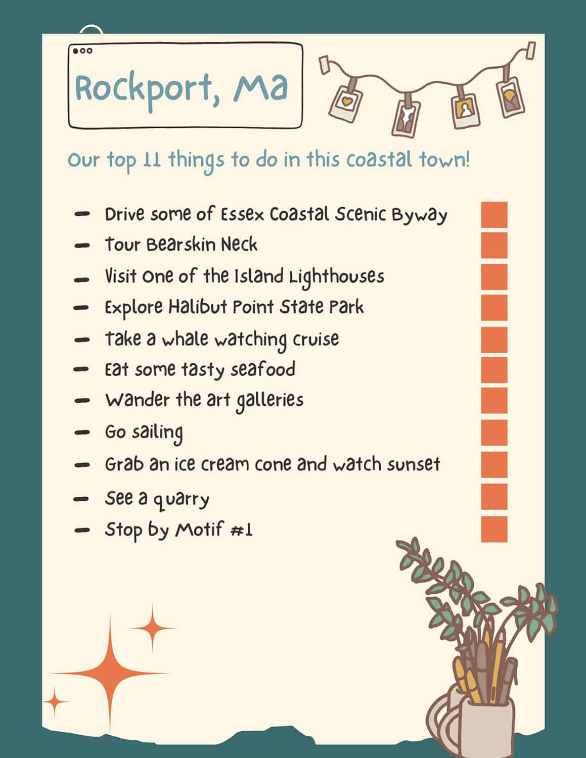 a chart showing the top 11 things to do in Rockport, according to Traveling In Focus, in case you have limited time.  our complete list is 30 things
