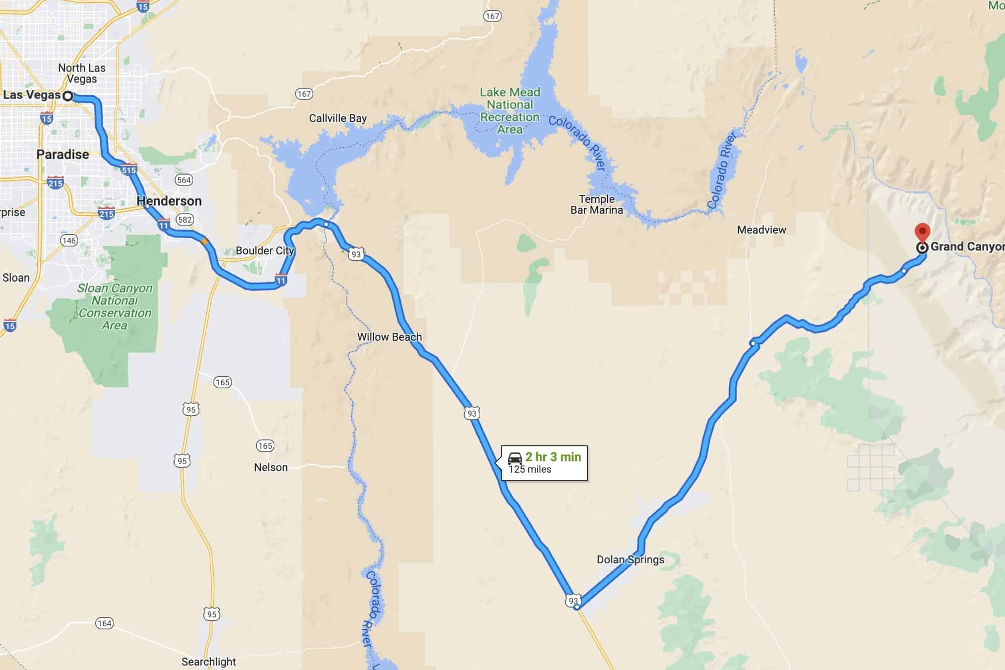 google map of the drive between vegas and grand canyon west rim