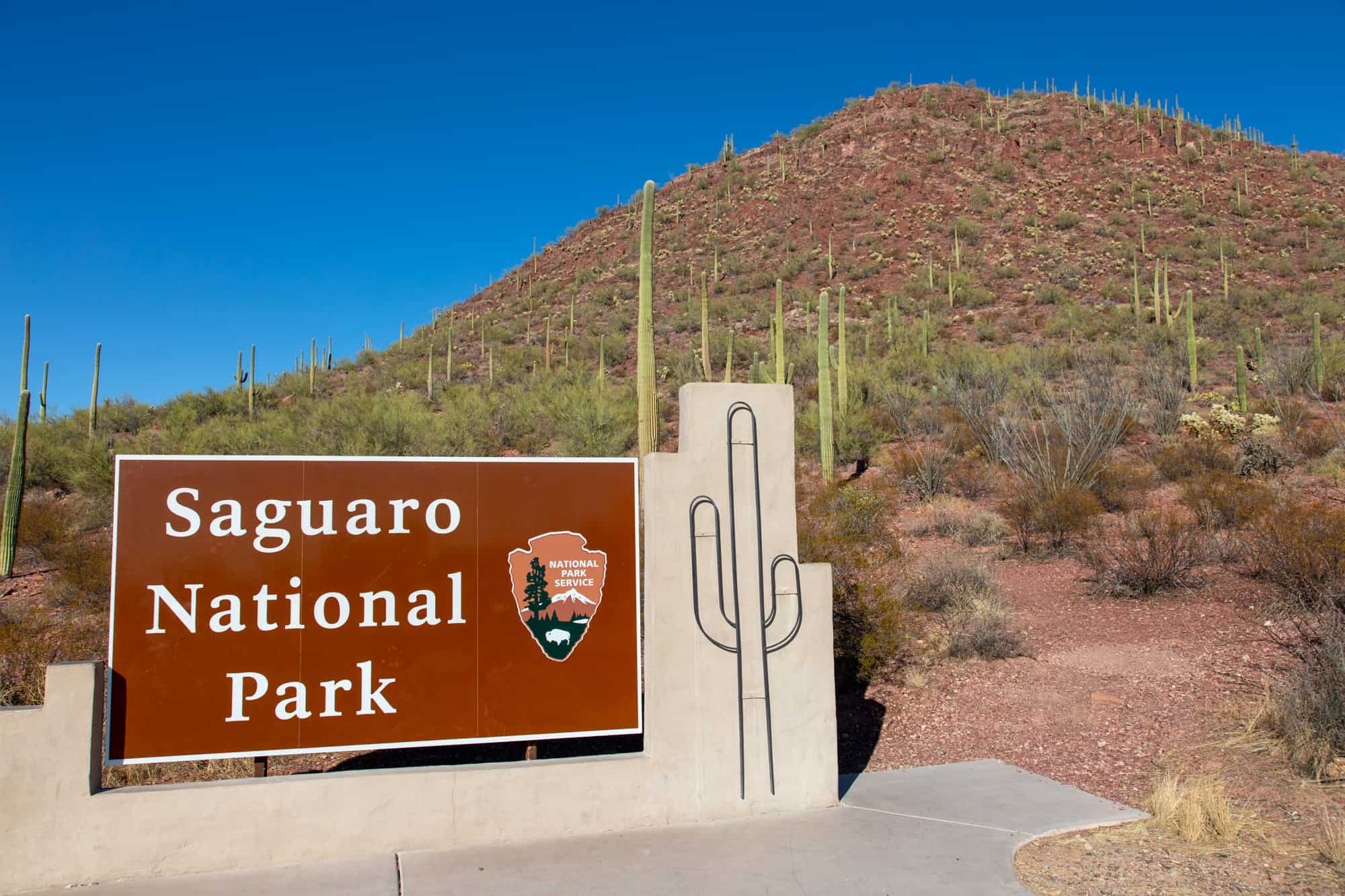 the national park service entrance sign to saguaro national park
