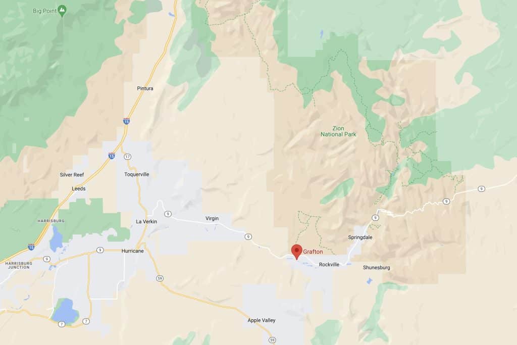 google map of the area around Grafton including its location to zion national park