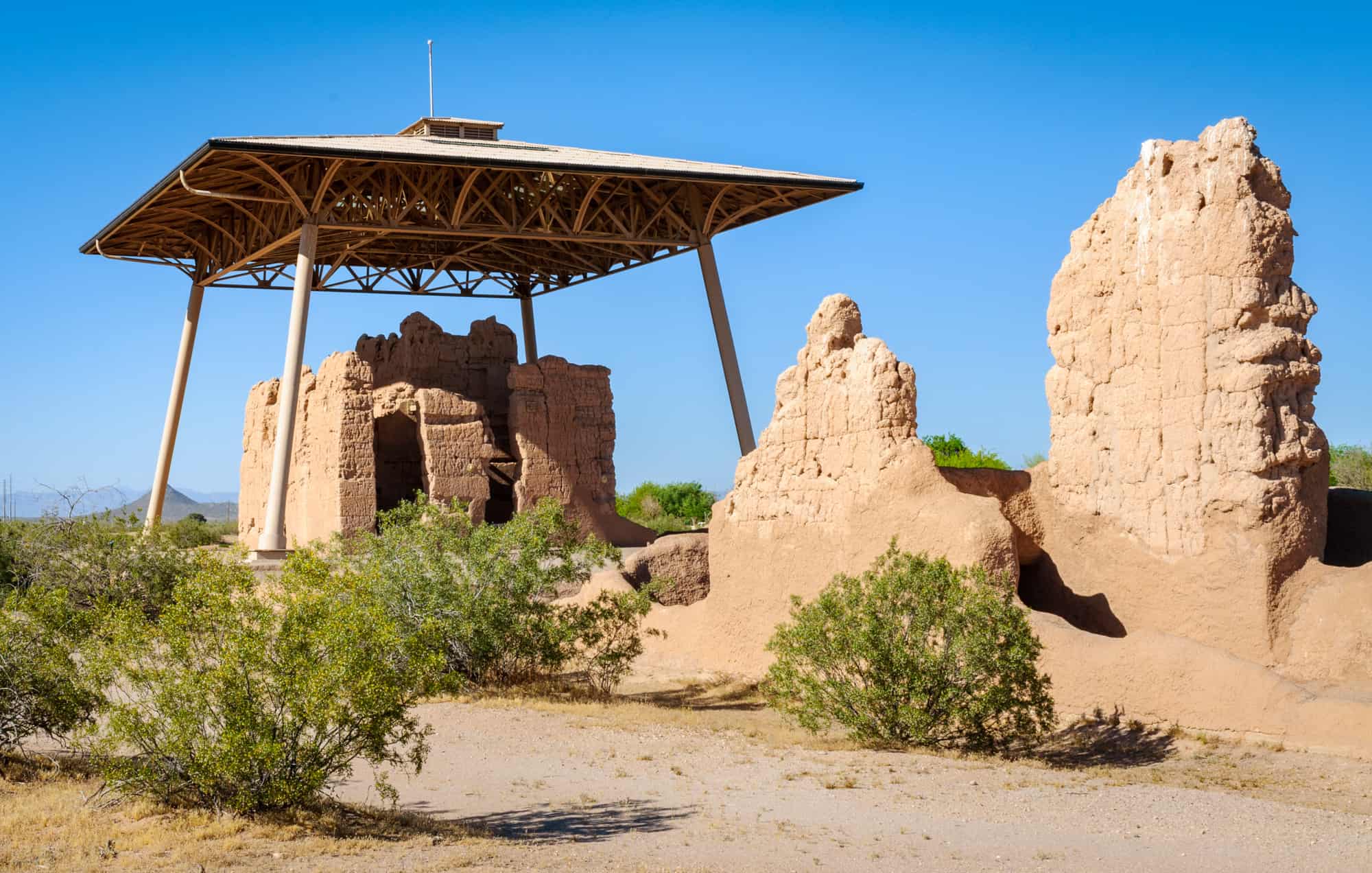 the big house seen under the shelter to protect it at Casa Grande Ruins National Monument
