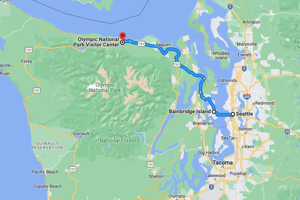 google map of the route from seattle to olympic national park via the bainbridge ferry