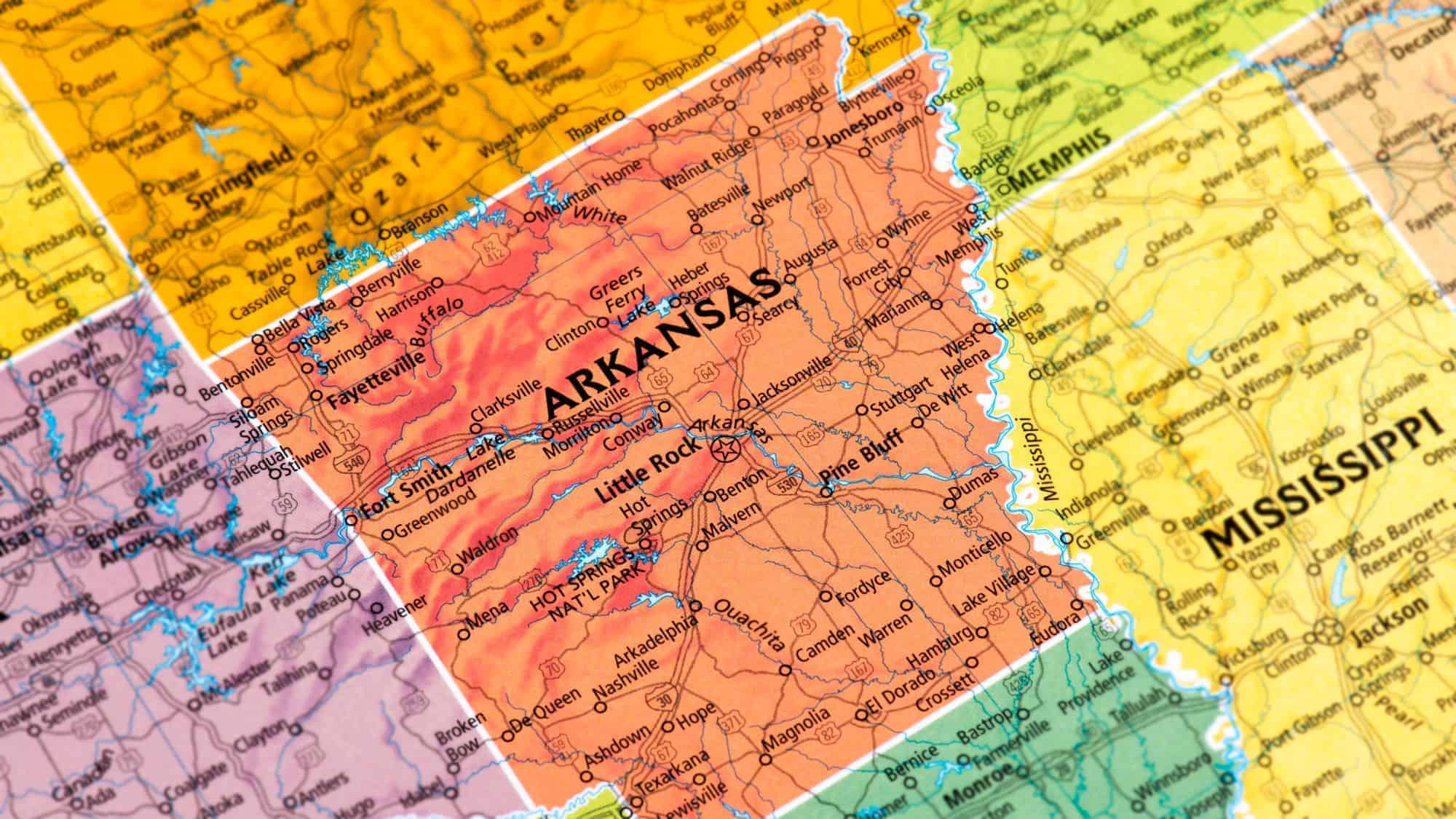 A zoomed-in map highlighting Arkansas and its neighboring states, with cities such as Little Rock, Fayetteville, and Fort Smith clearly marked.