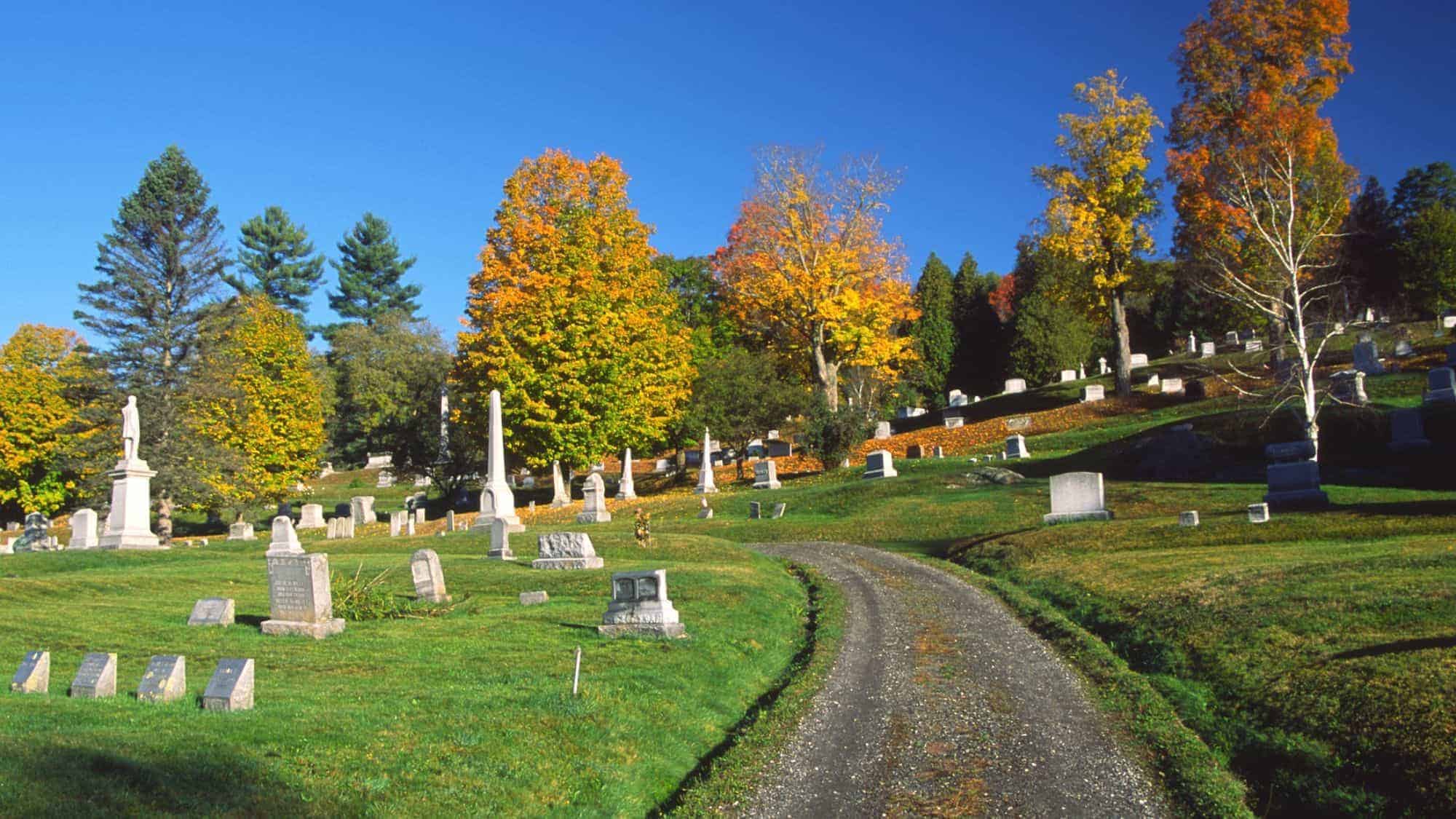 A peaceful cemetery on a hillside with gravestones and vibrant autumn trees, a gravel path winding through the landscape under a clear blue sky.