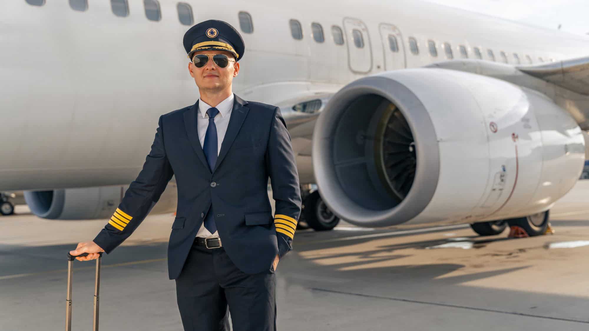 A pilot in a dark blue uniform and cap stands beside a large jet engine on the tarmac, holding a suitcase.