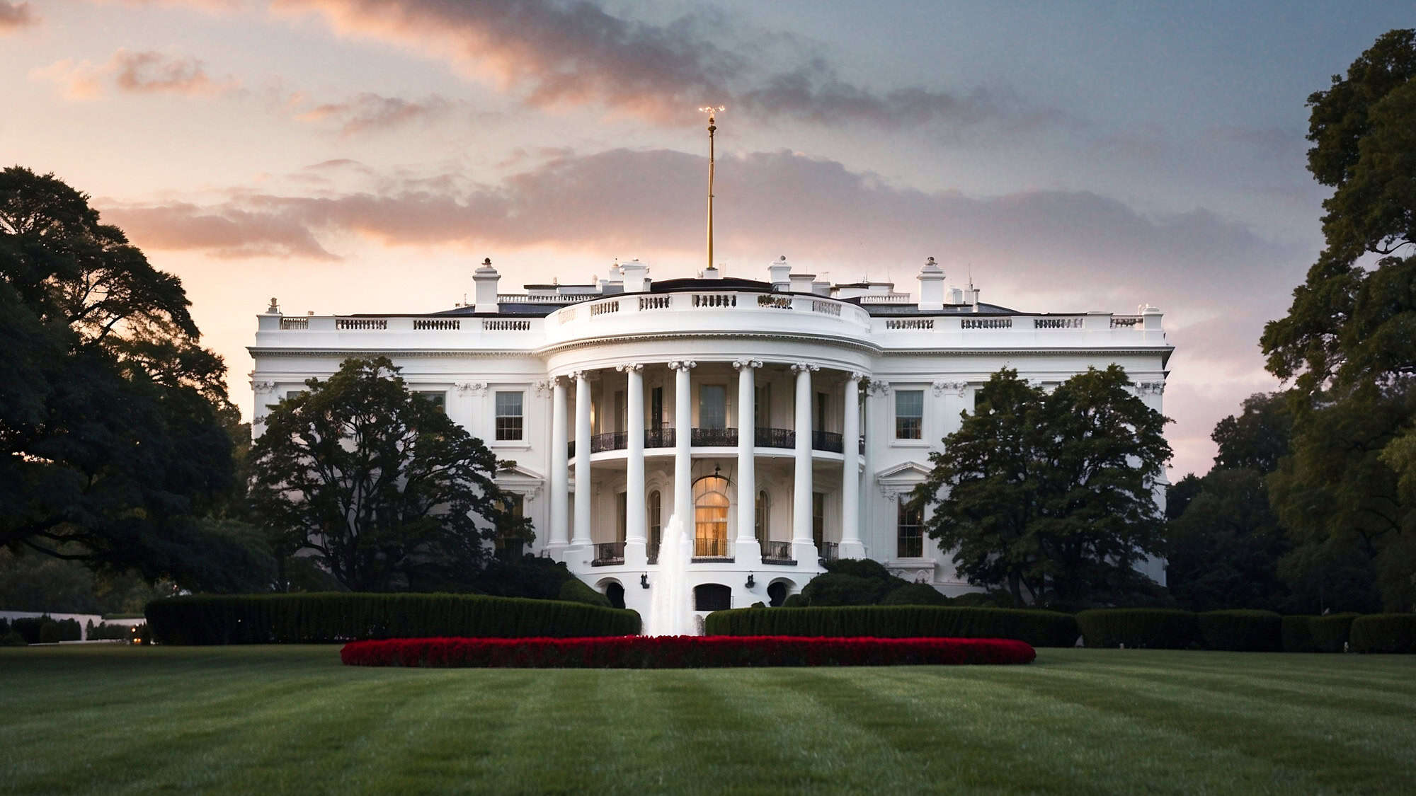 The White House in Washington, D.C., is seen at dusk, with soft pink clouds above and the iconic white façade and fountain framed by manicured lawns and tall trees.