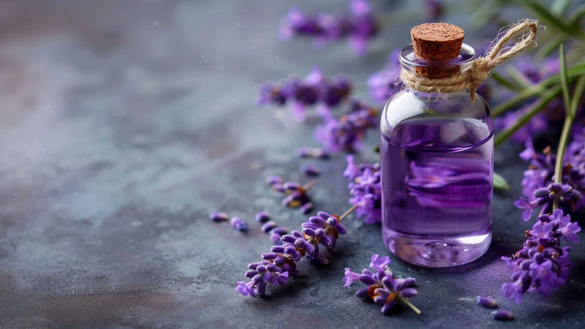 A small glass bottle filled with lavender essential oil sits on a textured surface, surrounded by fresh purple lavender flowers.