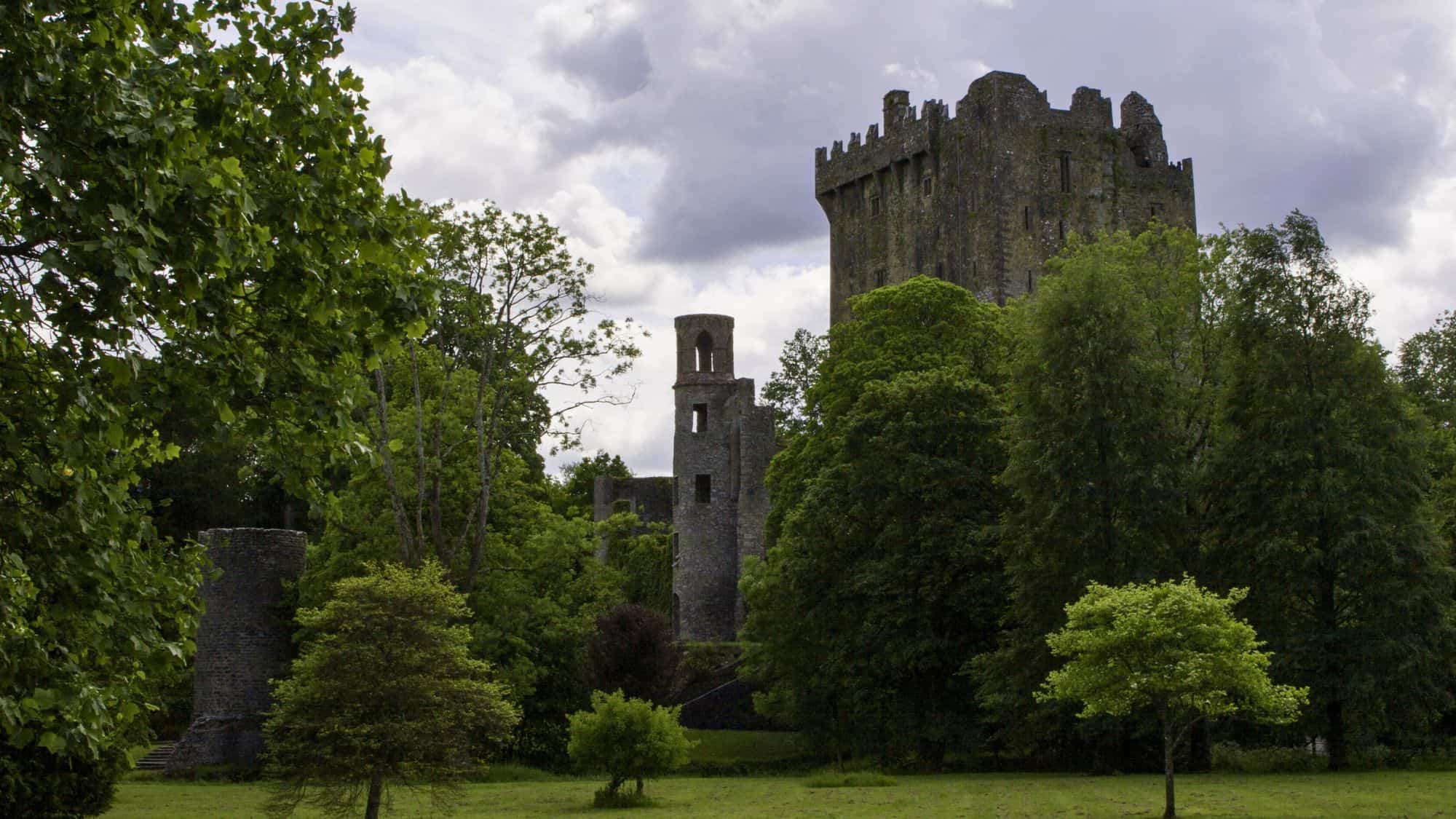 Blarney Castle, partially obscured by dense green foliage, rises with its stone towers and battlements. A tall, square keep dominates the scene, surrounded by trees under a cloudy sky.