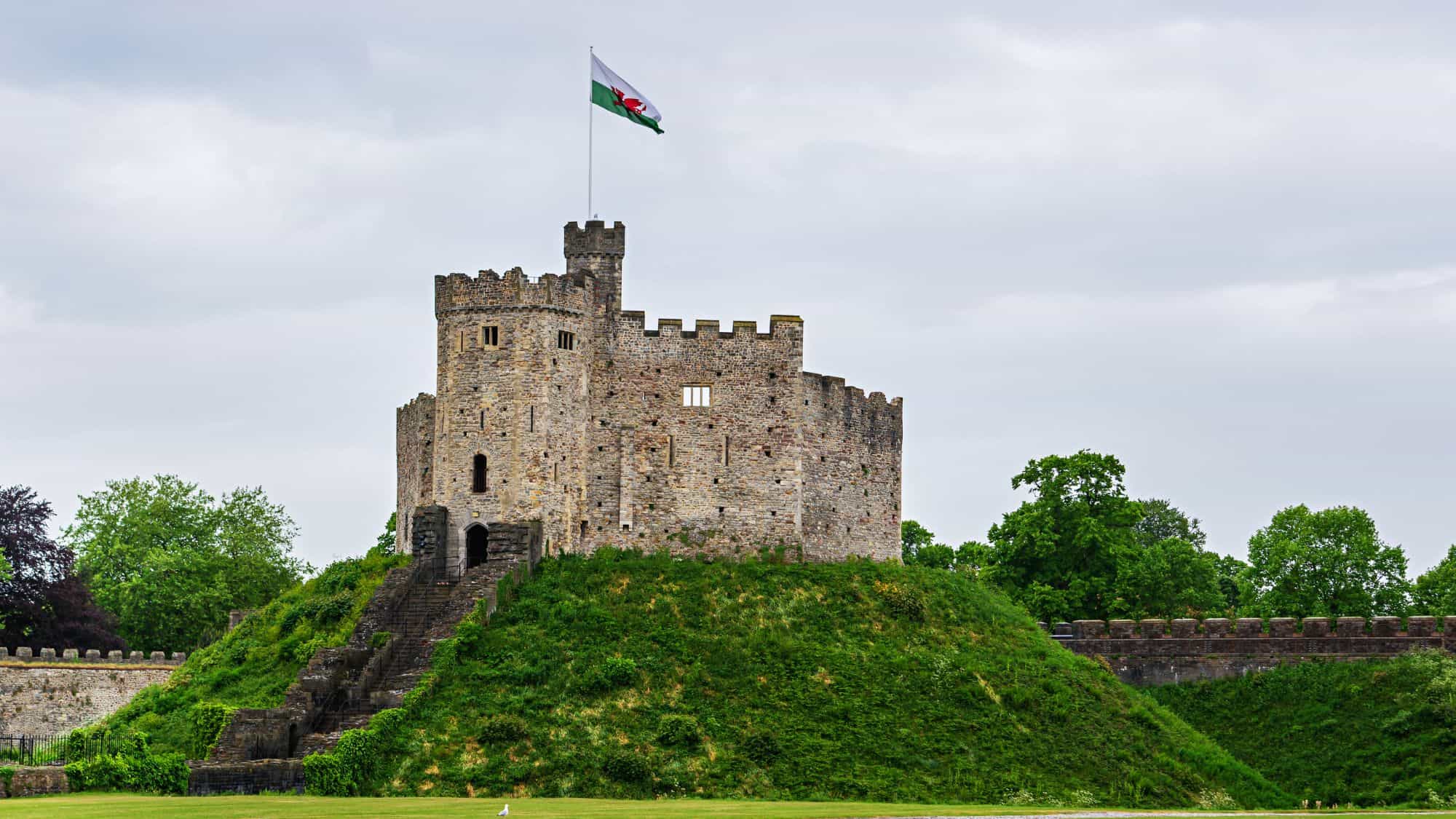 A medieval stone castle with a central keep, perched atop a grassy mound, flying the Welsh flag. The backdrop features lush green trees under an overcast sky.