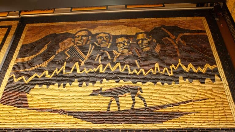 A detailed mural made entirely of colored corn kernels depicts a stylized version of Mount Rushmore with four presidents' faces and a wild animal below. The design is framed in a wooden border as part of the famous Mitchell Corn Palace decorations.