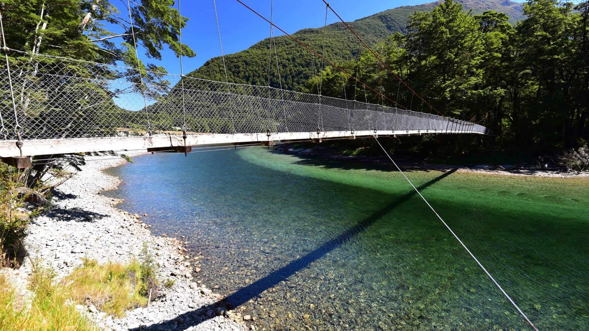 A suspension bridge crossing a crystal-clear river, surrounded by lush green forest and towering mountains under a bright blue sky, highlighting the pristine beauty of New Zealand's famous hiking trail.