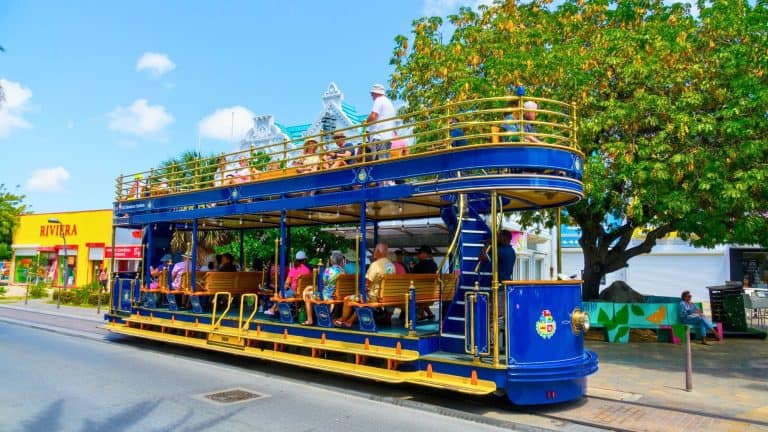 A vibrant double-decker blue and yellow streetcar filled with tourists moves along a colorful street, with shops and tropical trees lining the background under a clear blue sky.