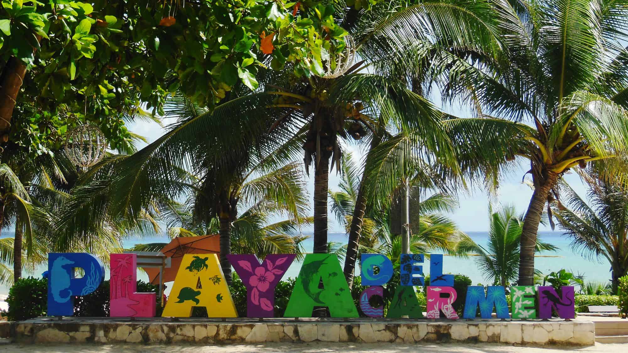 A vibrant sign reading "Playa del Carmen" in multicolored letters stands among lush palm trees near the beach. The tropical backdrop includes clear blue skies, swaying palm fronds, and glimpses of the ocean in the background.