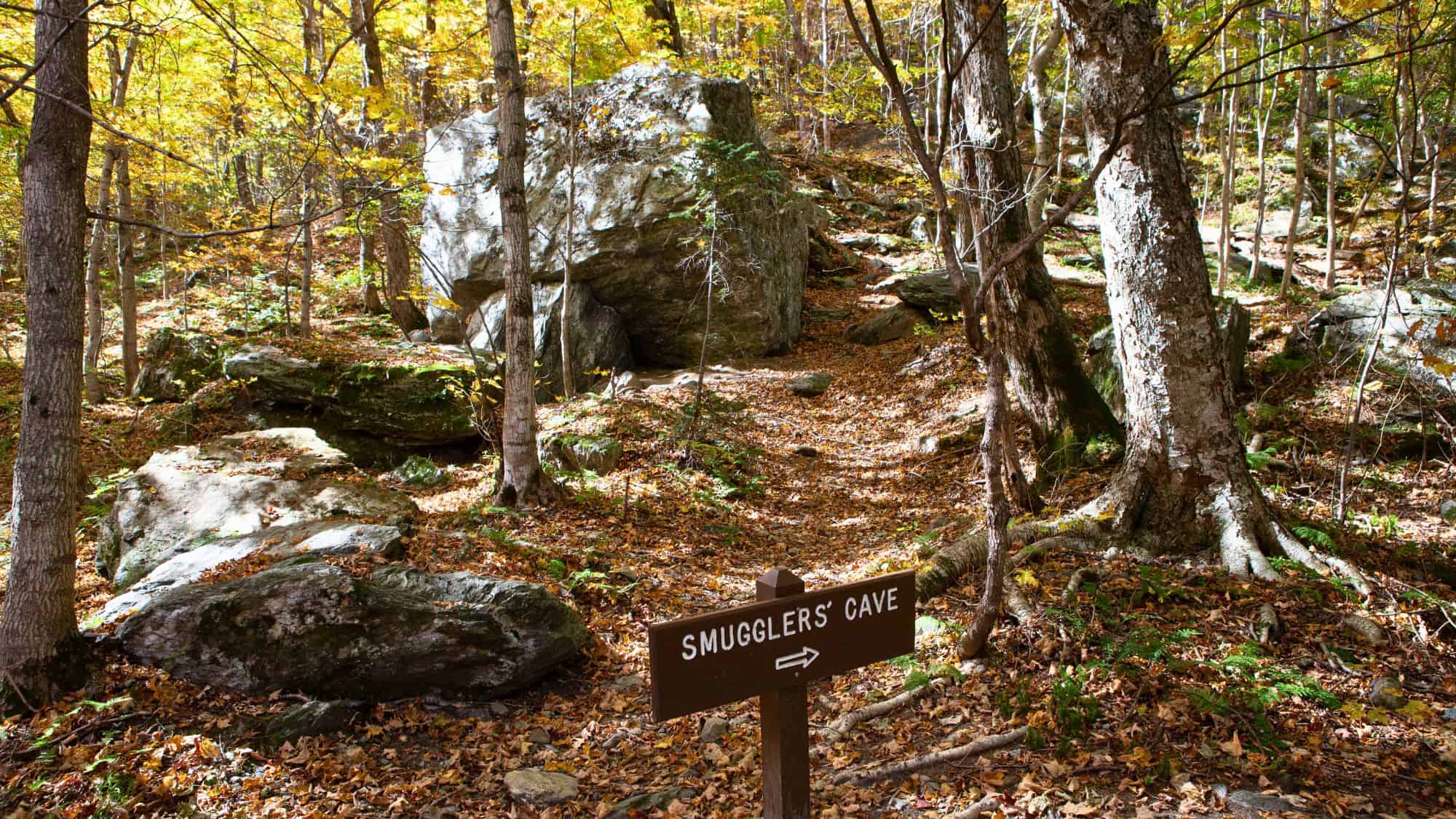 A forest trail during autumn, covered in fallen leaves and surrounded by trees with golden foliage. A wooden sign points towards "Smugglers' Cave," while large boulders and rocks scatter along the path, creating a scenic hiking atmosphere.