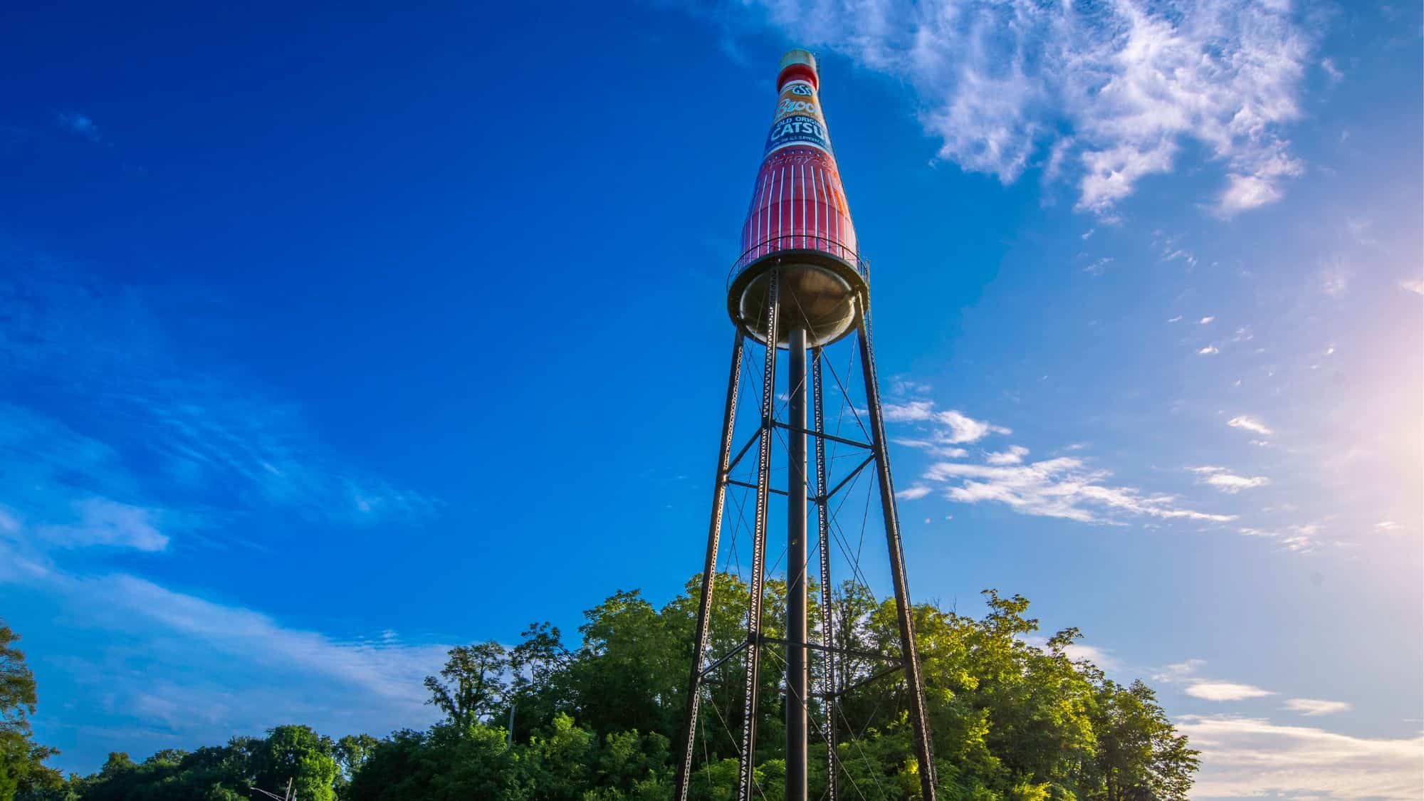 A tall, red and white water tower designed to look like a giant bottle of catsup, set against a bright blue sky. This quirky landmark is a nostalgic piece of Americana in Illinois.