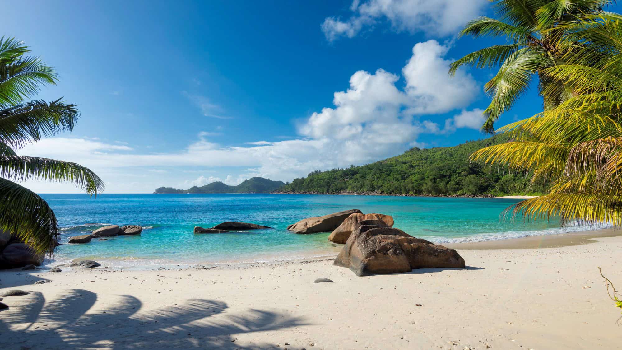 A breathtaking beach with soft white sand, turquoise waters, and large boulders nestled near the shore. Palm trees frame the view, and lush green hills rise in the background.
