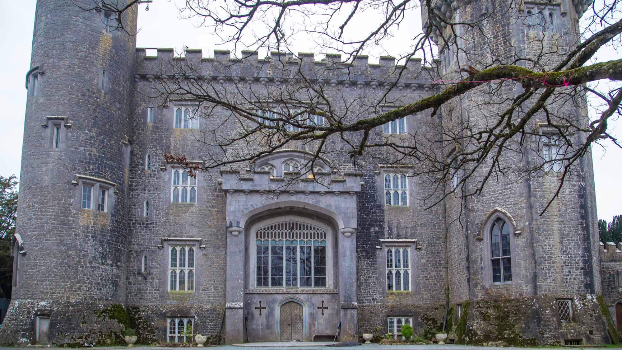 A gothic-style stone castle with imposing turrets and a grand arched entrance, partially obscured by the bare branches of a tree. Its dark gray exterior and pointed windows evoke a mysterious, historic presence.
