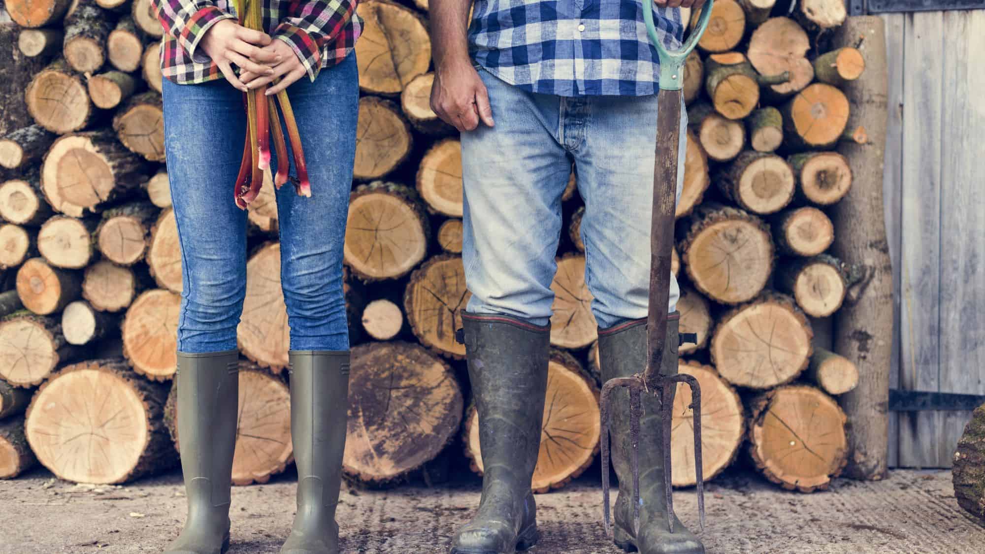 A cropped image of two people in casual farm attire standing in front of a large stack of firewood. One holds freshly harvested rhubarb, while the other grips a pitchfork, both wearing rubber boots.