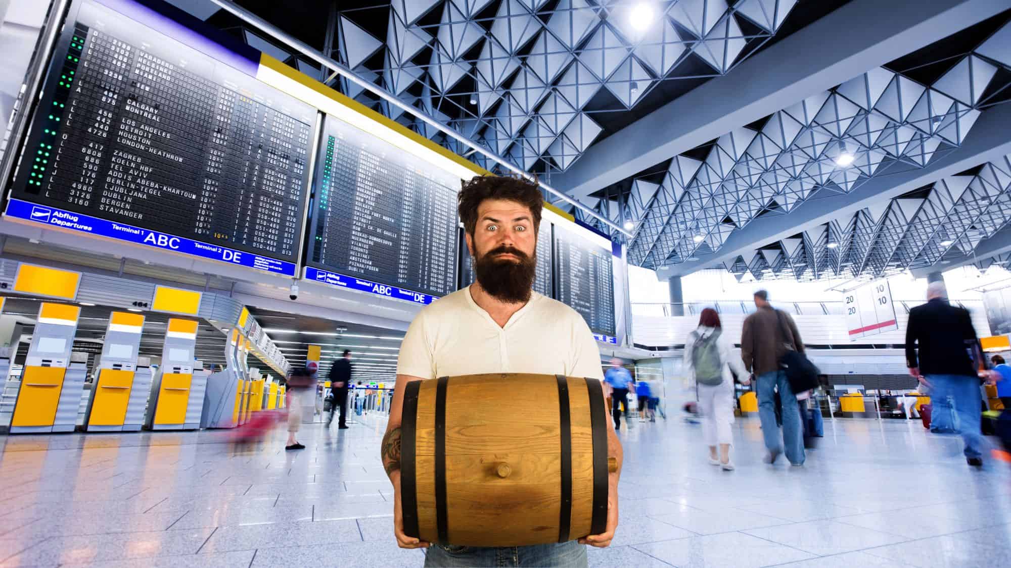 A bearded man stands in an airport terminal holding a wooden barrel, looking surprised. Behind him, a large flight departure board and a busy check-in area create a bustling atmosphere.