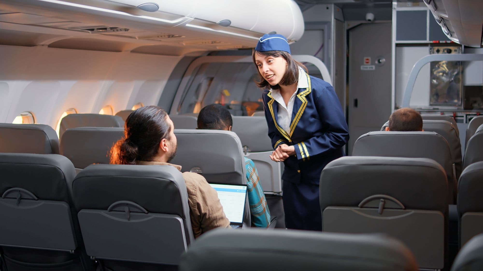 A flight attendant in a navy uniform leans slightly forward while speaking to a seated passenger who is using a laptop on an airplane.