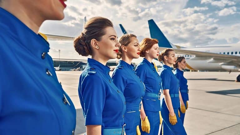 A line of female flight attendants in matching bright blue uniforms stand in formation on the tarmac in front of an airplane, all facing forward.