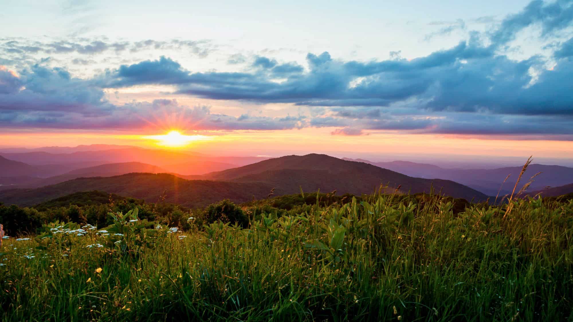 A vibrant sunset over rolling forested mountains and wildflower-dotted grass in Hot Springs, North Carolina, with clouds glowing in warm pastel tones.