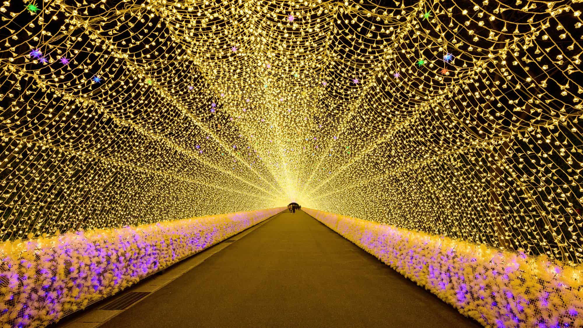 A giant Ferris wheel at Nagashima Spa Land in Japan, illuminated with colorful lights against the night sky, creating a dazzling motion blur effect.