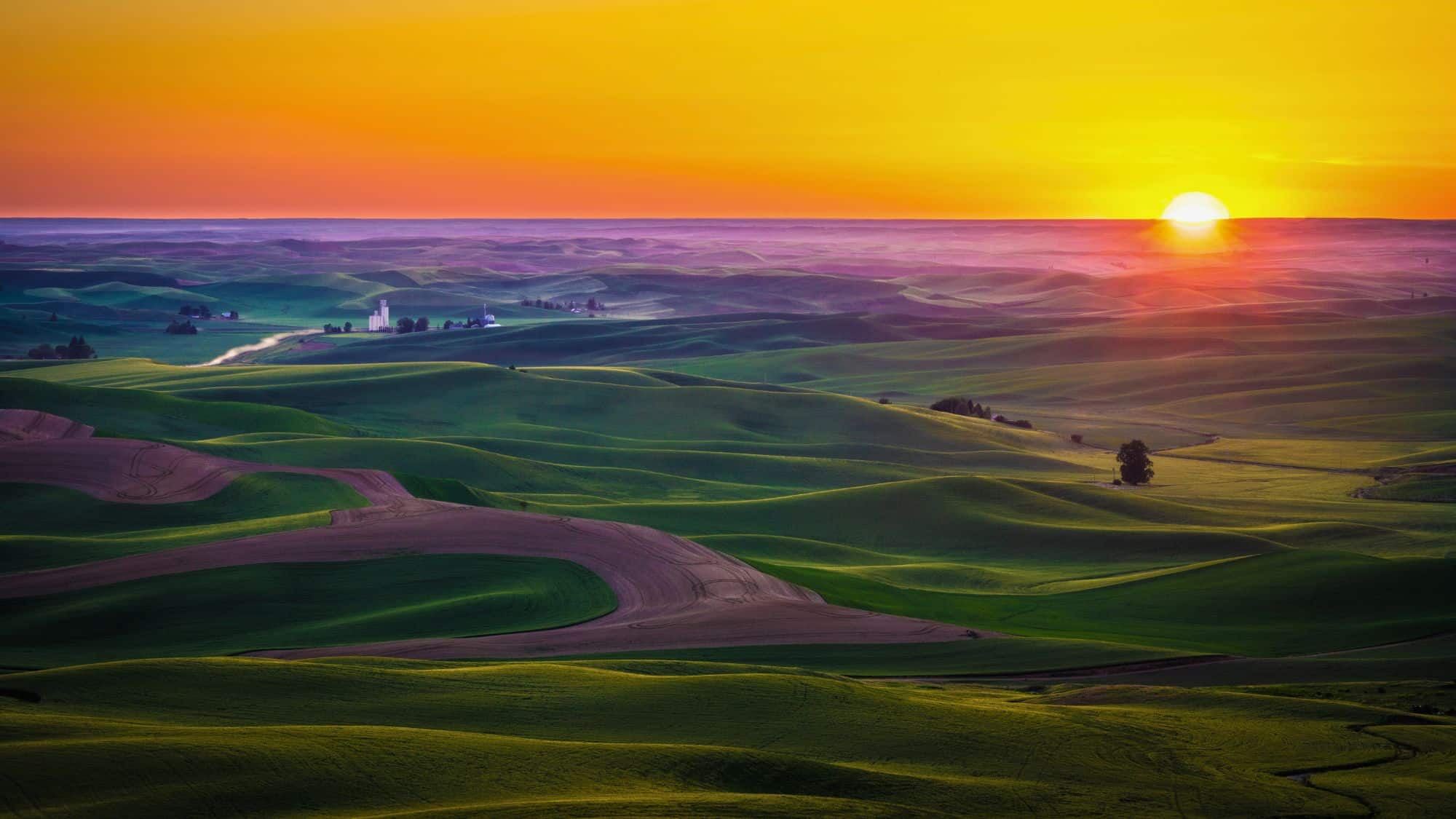 Golden hour light spills across the rolling hills of the Palouse region, where patchworked fields stretch to the horizon under a glowing orange sky at sunrise or sunset.