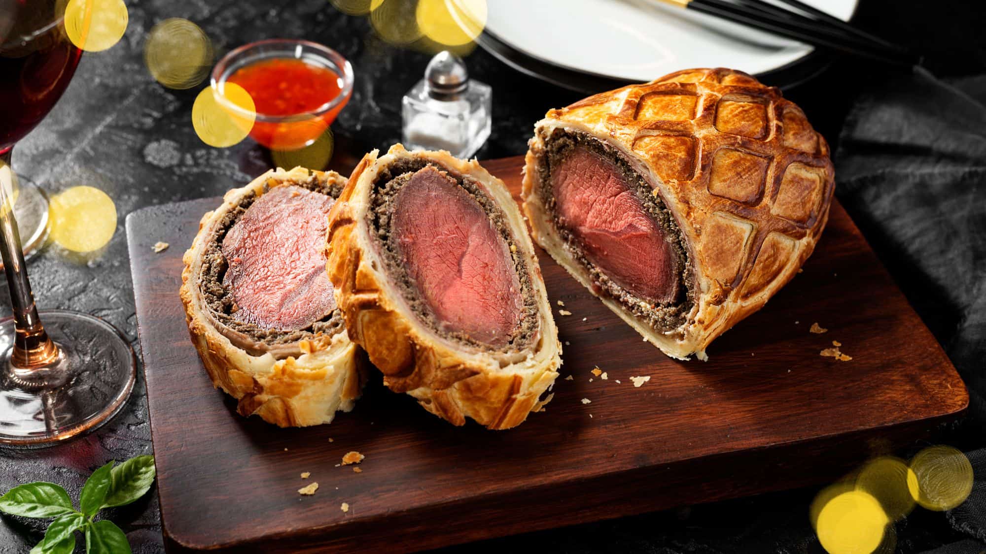 A beautifully prepared Beef Wellington with a golden, flaky puff pastry crust, sliced open to reveal a perfectly cooked, medium-rare beef fillet with a layer of mushroom duxelles.