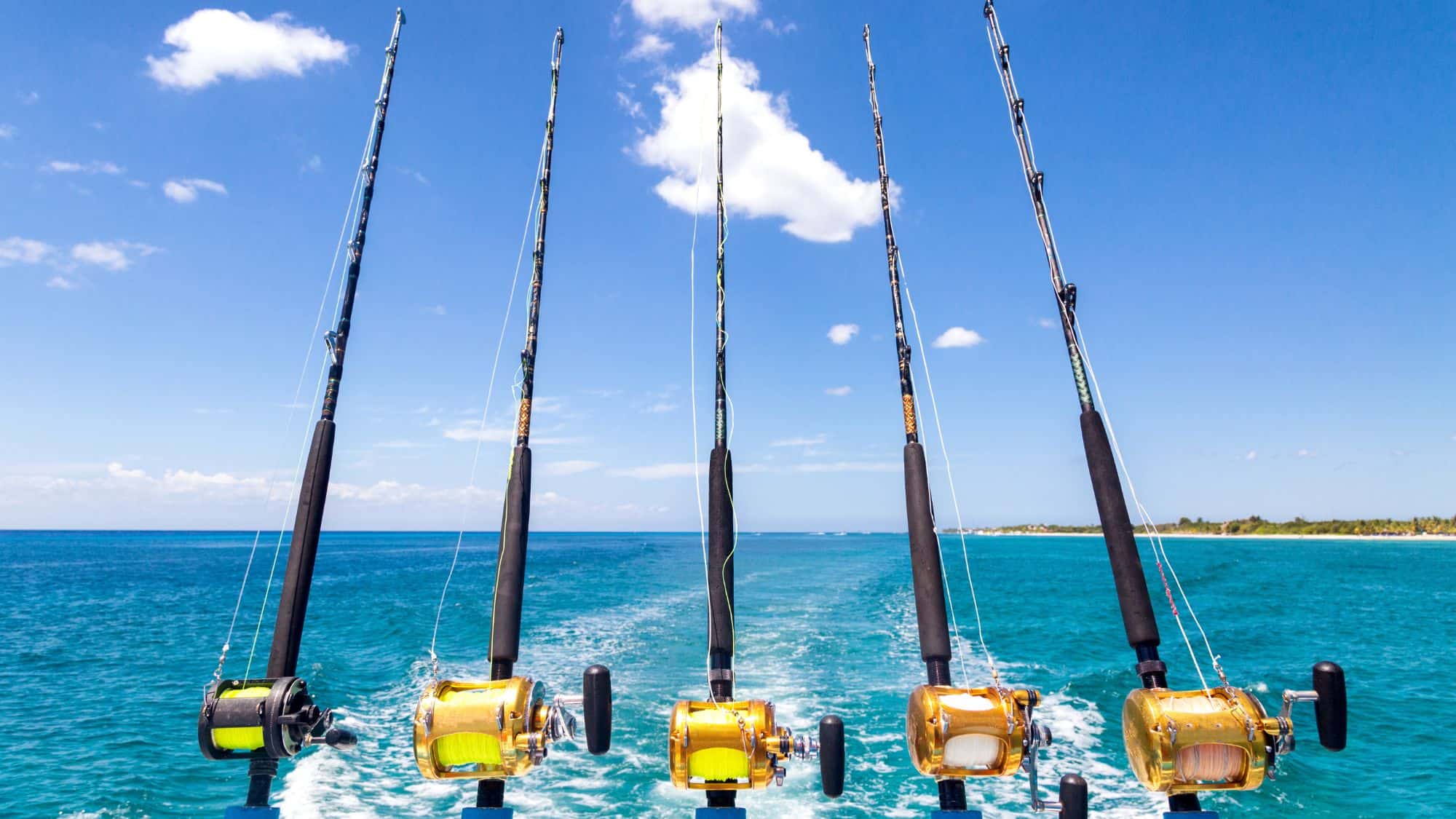 Fishing poles with gold reels sit in front of blue water on a boat out from land.