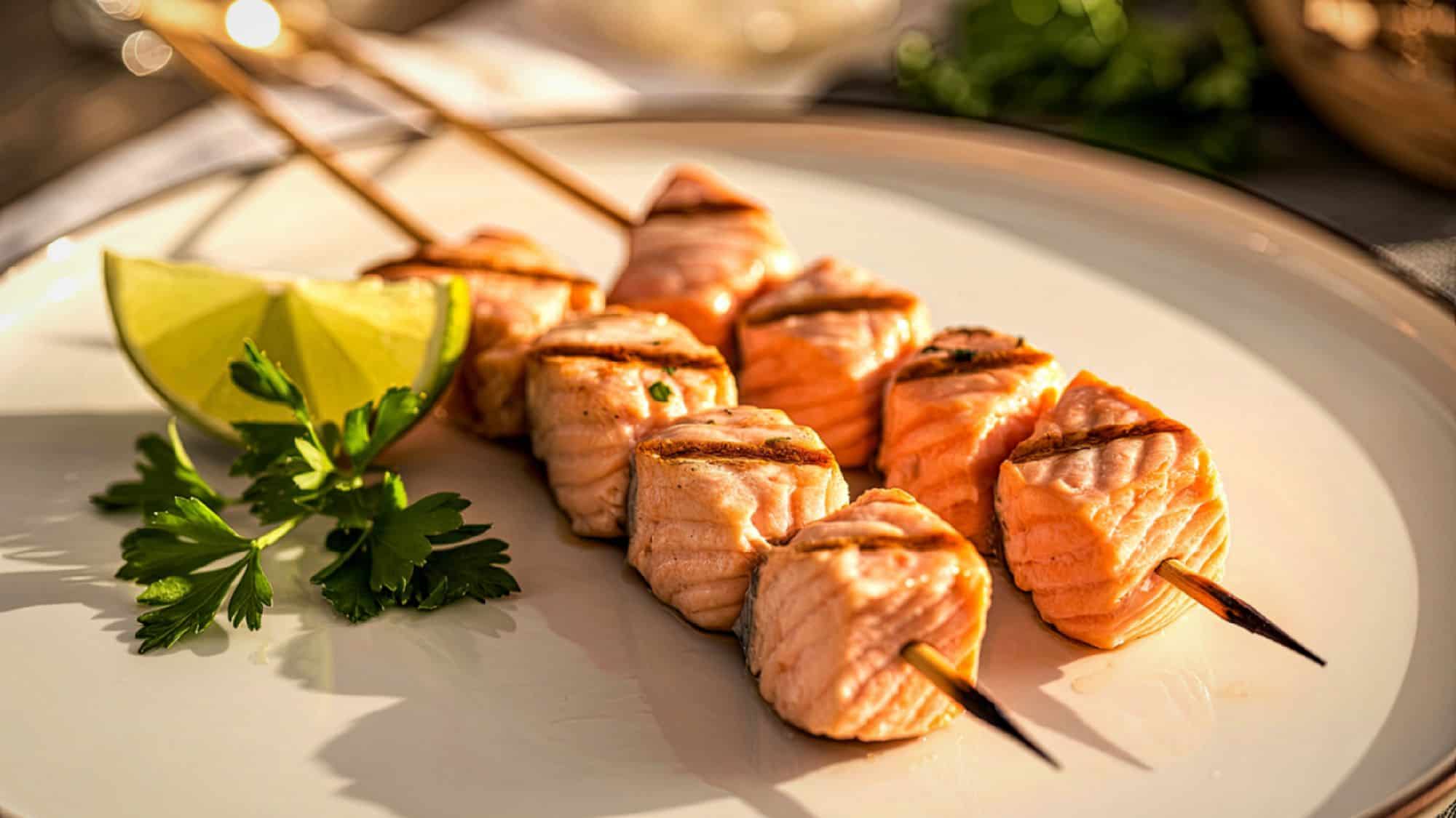 Two salmon skewers on a white plate with a slice of lime.
