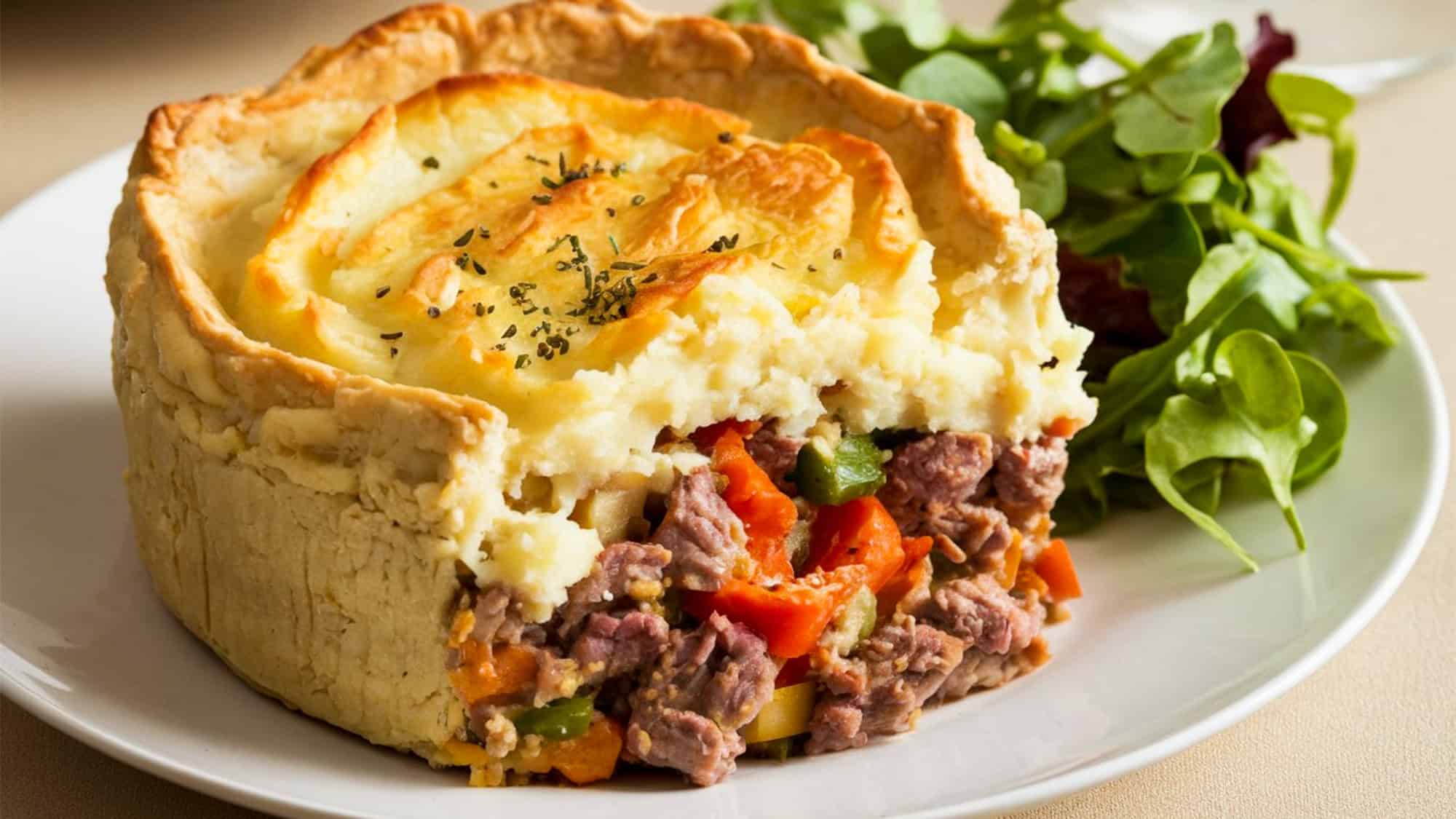A comforting meat pie with a flaky crust and a thick layer of mashed potatoes on top, revealing a savory filling of ground lamb, carrots, peas, and onions.