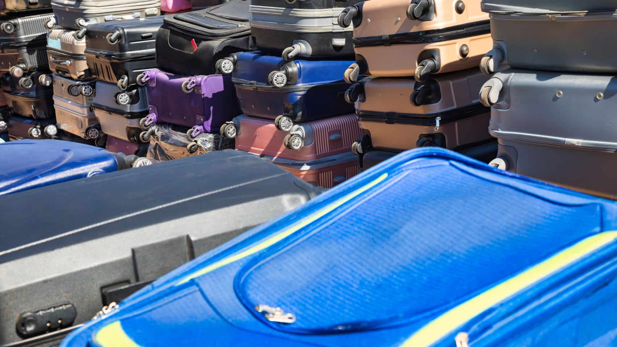 A massive pile of stacked suitcases in various colors and sizes is seen at what appears to be an airport baggage handling area.