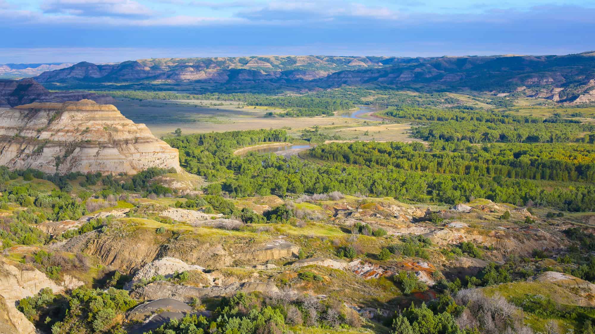 A panoramic view of rugged badlands, a winding river, and dense green forests under a bright blue sky.
