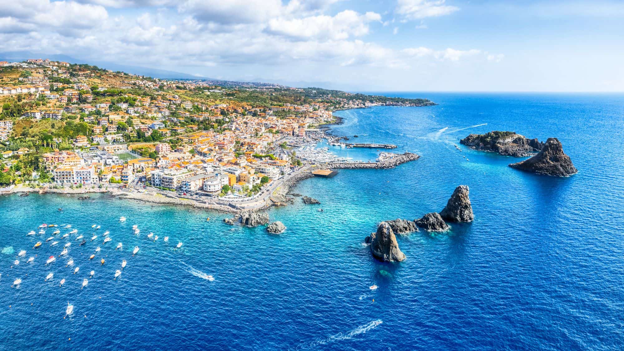 Landscape with aerial view of Aci Trezza, Sicily island, Italy