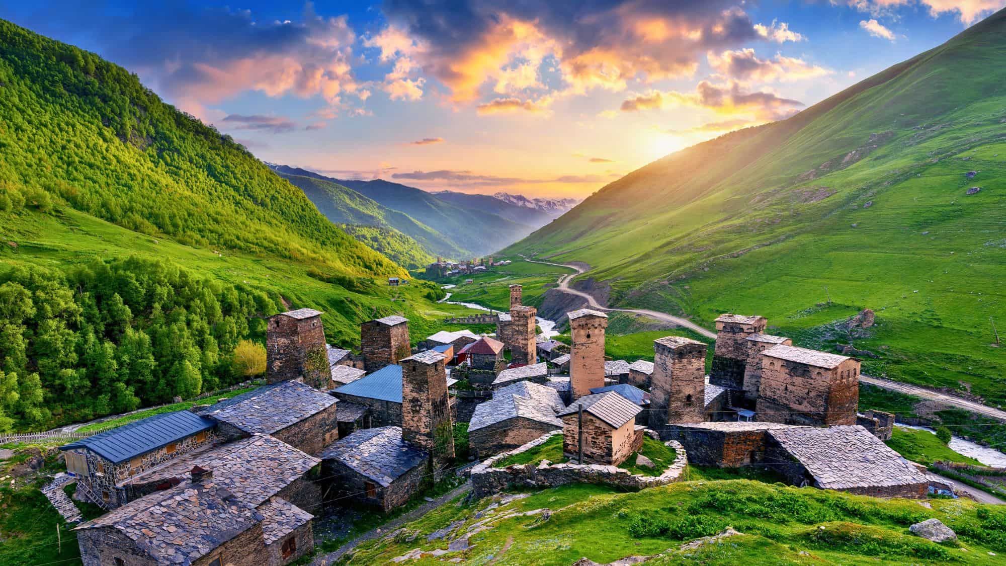 Ushguli village at sunset in Svaneti, Georgia.