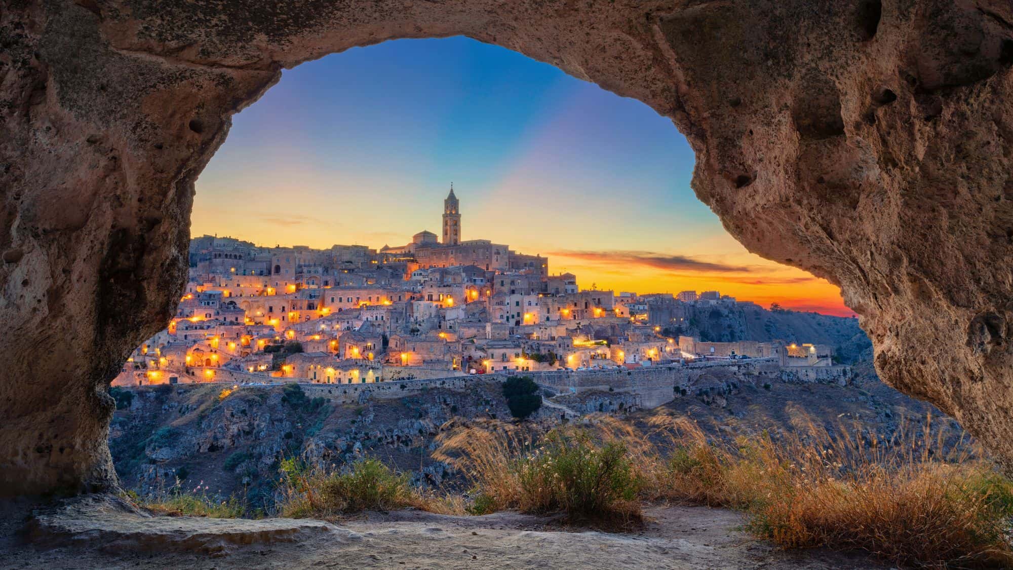 Matera, Italy. Cityscape image of medieval city of Matera, Italy during beautiful sunset.