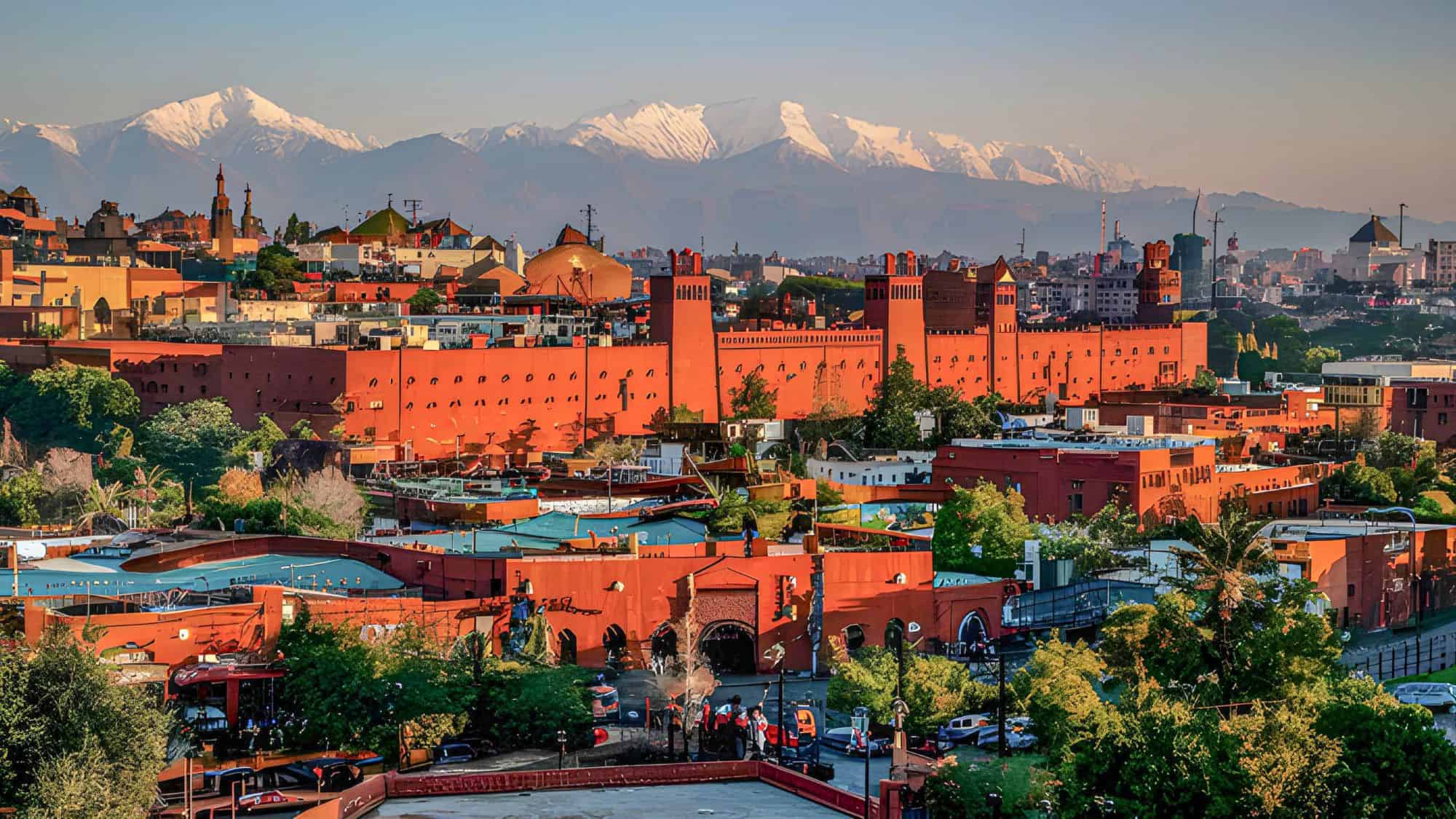 A breathtaking photo of Marrakech city in Morocco, with a panoramic view of the cityscape. A stunning and peaceful photo of Marrakech, Morocco, showcasing its vibrant cityscape and intricate architect
