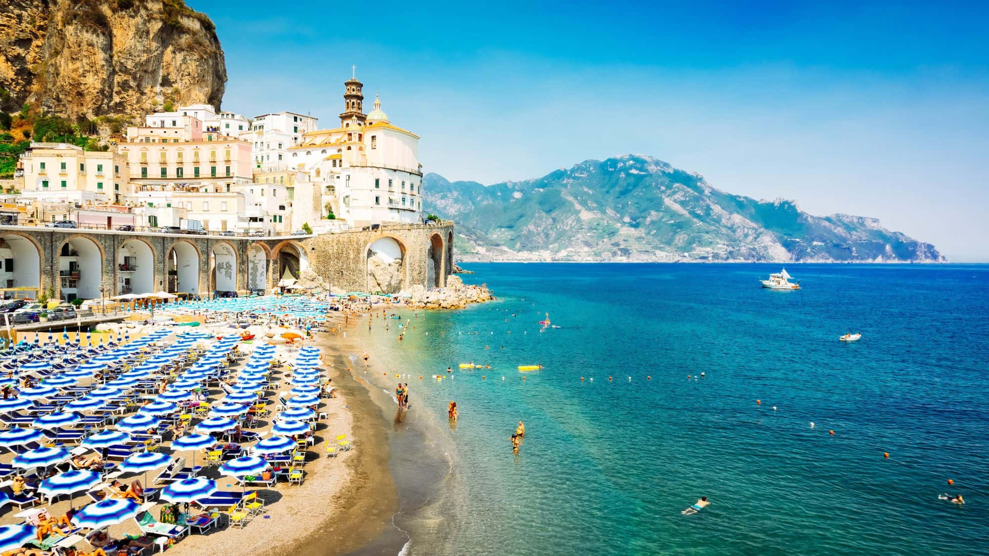 Scenic picture-postcard view of the beautiful town of Atrani at famous Amalfi Coast with Gulf of Salerno, Campania, Italy