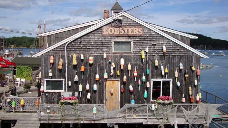 A rustic wooden shack adorned with dozens of colorful buoys and a large sign reading "LOBSTERS" hangs over the door, with lobster traps and coastal decor set against the backdrop of a serene harbor.