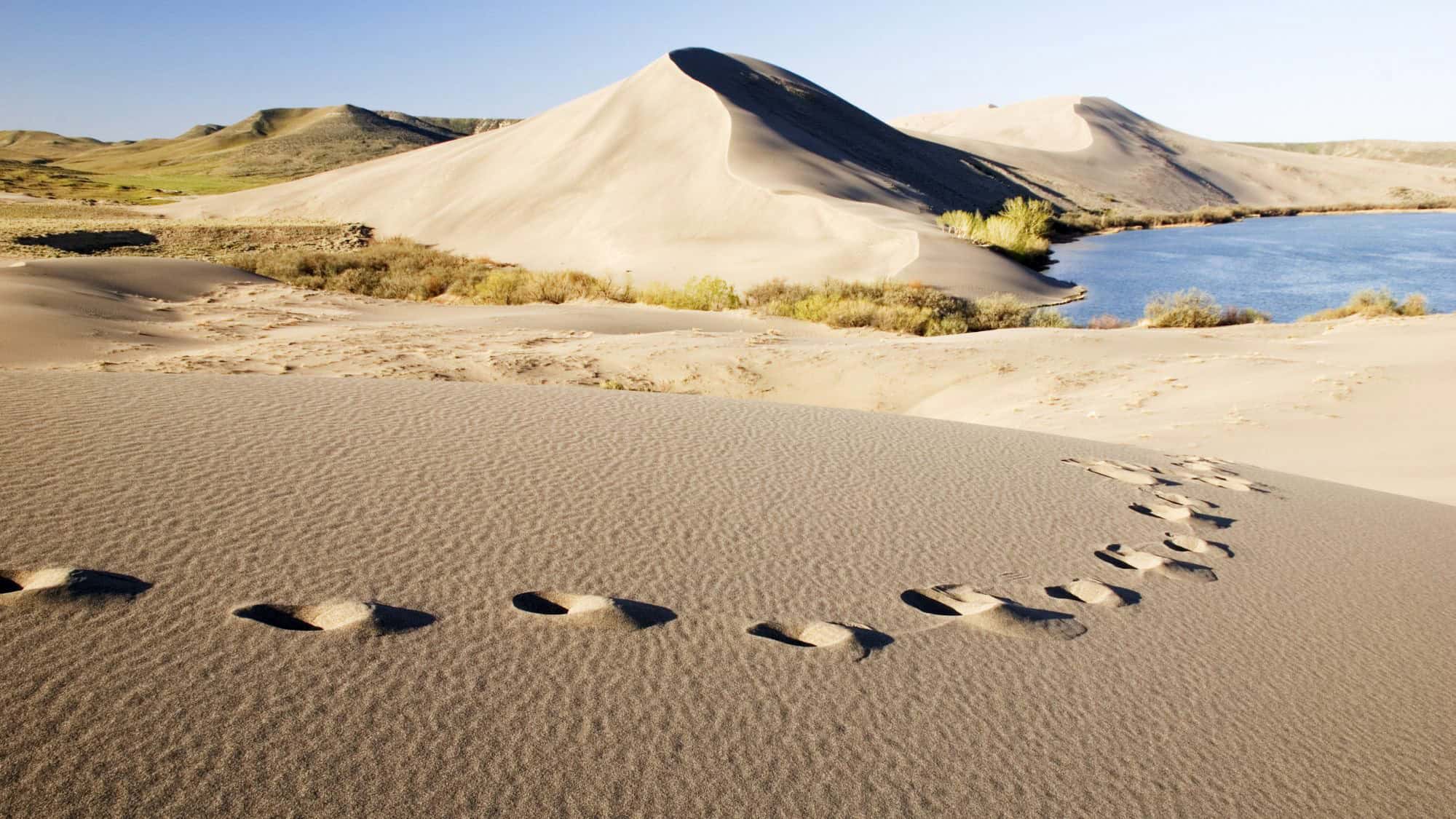 Golden sand dunes stretching across the landscape with distinct footprints leading toward a calm blue lake, set against rolling hills under a clear blue sky.