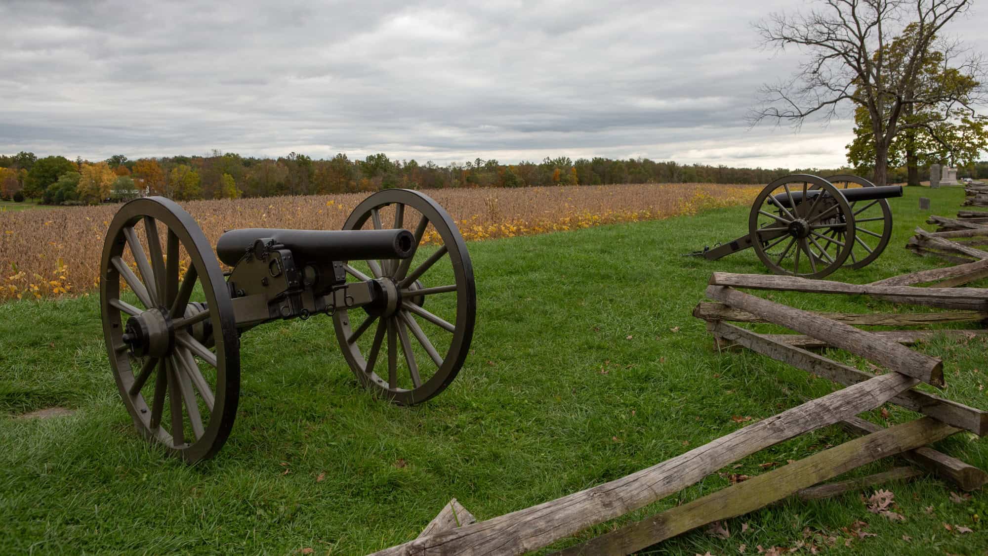 Civil War cannons facing an open battlefield under a gray, overcast sky, bordered by a rustic wooden fence and autumn foliage in the background.