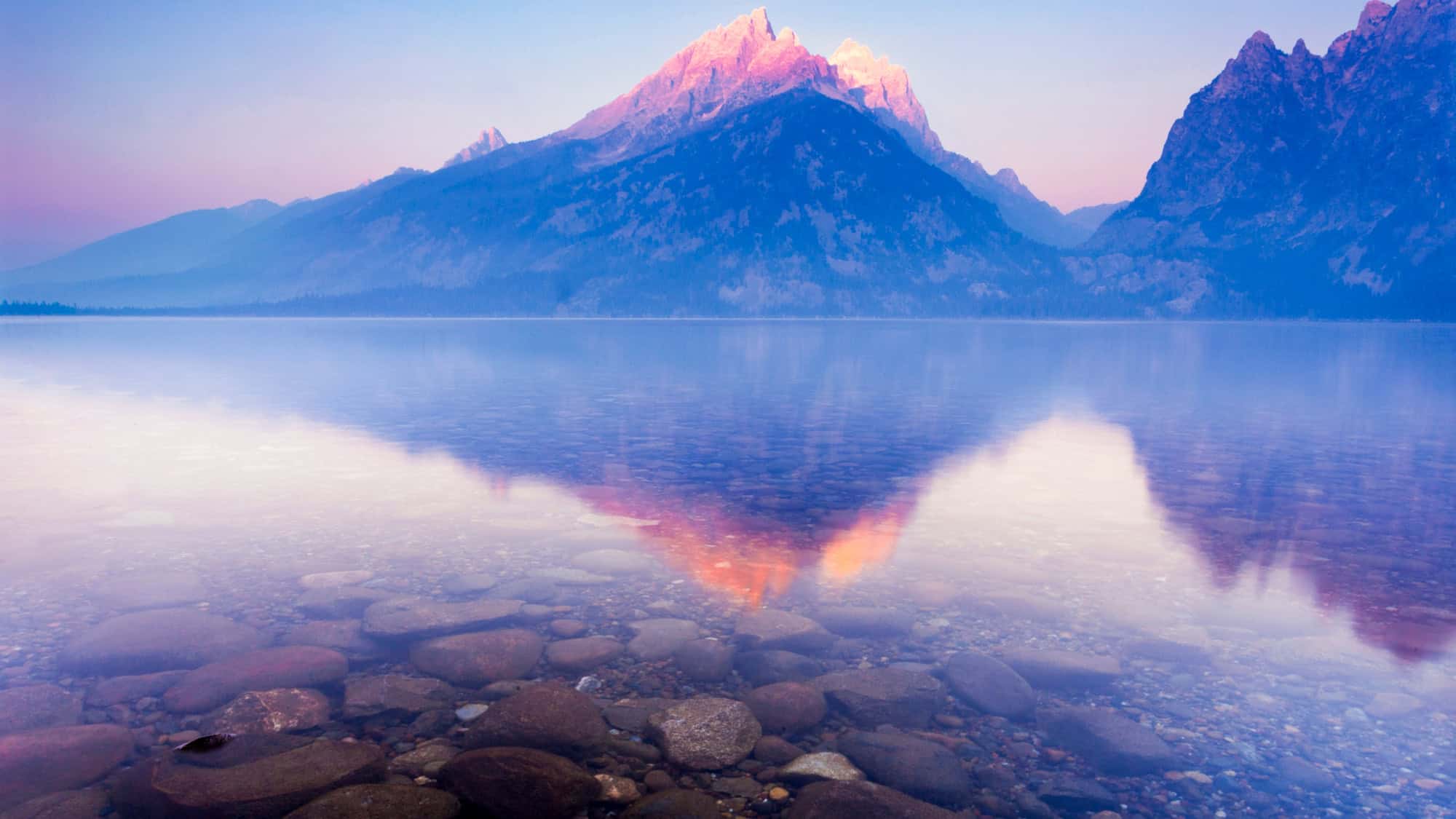 Pastel morning light casts a dreamy glow on the Grand Teton mountains, reflected in the glassy surface of Jenny Lake, with visible rocks beneath the clear water in the foreground.