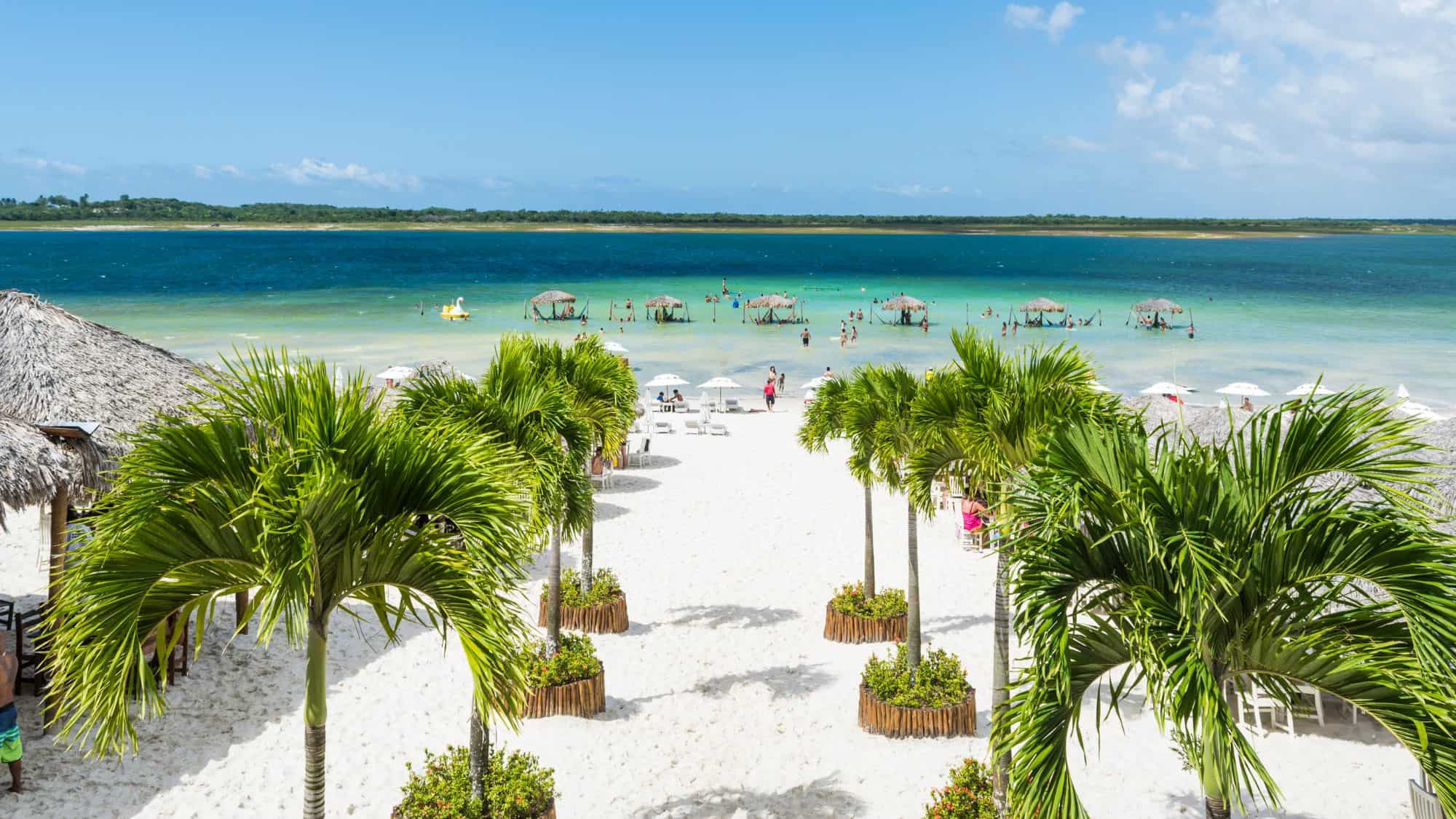 Palm trees frame a pristine white-sand beach leading to crystal-clear turquoise waters, where visitors relax under thatched umbrellas in the shallows and a giant inflatable swan floats nearby.