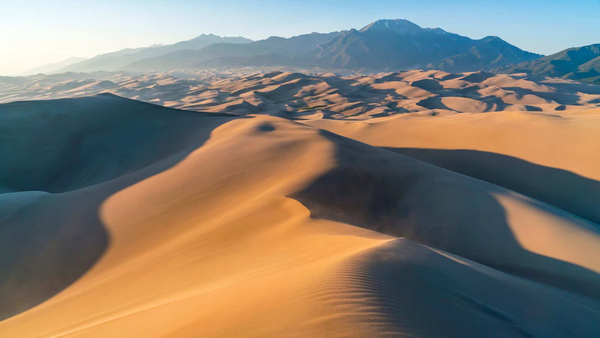 An expansive view of undulating sand dunes at sunrise or sunset, with long shadows and soft golden hues, backed by rugged mountains under a clear blue sky.