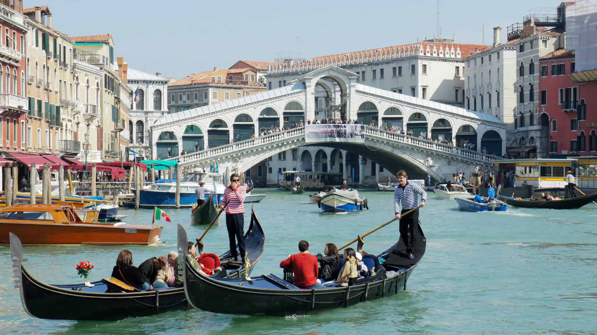 Gondoliers in striped shirts steer passengers along Venice’s Grand Canal, with the iconic white stone Rialto Bridge and colorful old buildings creating a postcard-perfect backdrop.