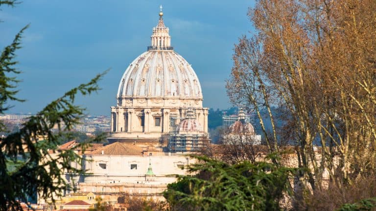 A close-up view of St. Peter’s Basilica's dome in Vatican City, framed by bare winter trees and greenery from Janiculum Hill, with scaffolding visible on smaller domes under restoration.
