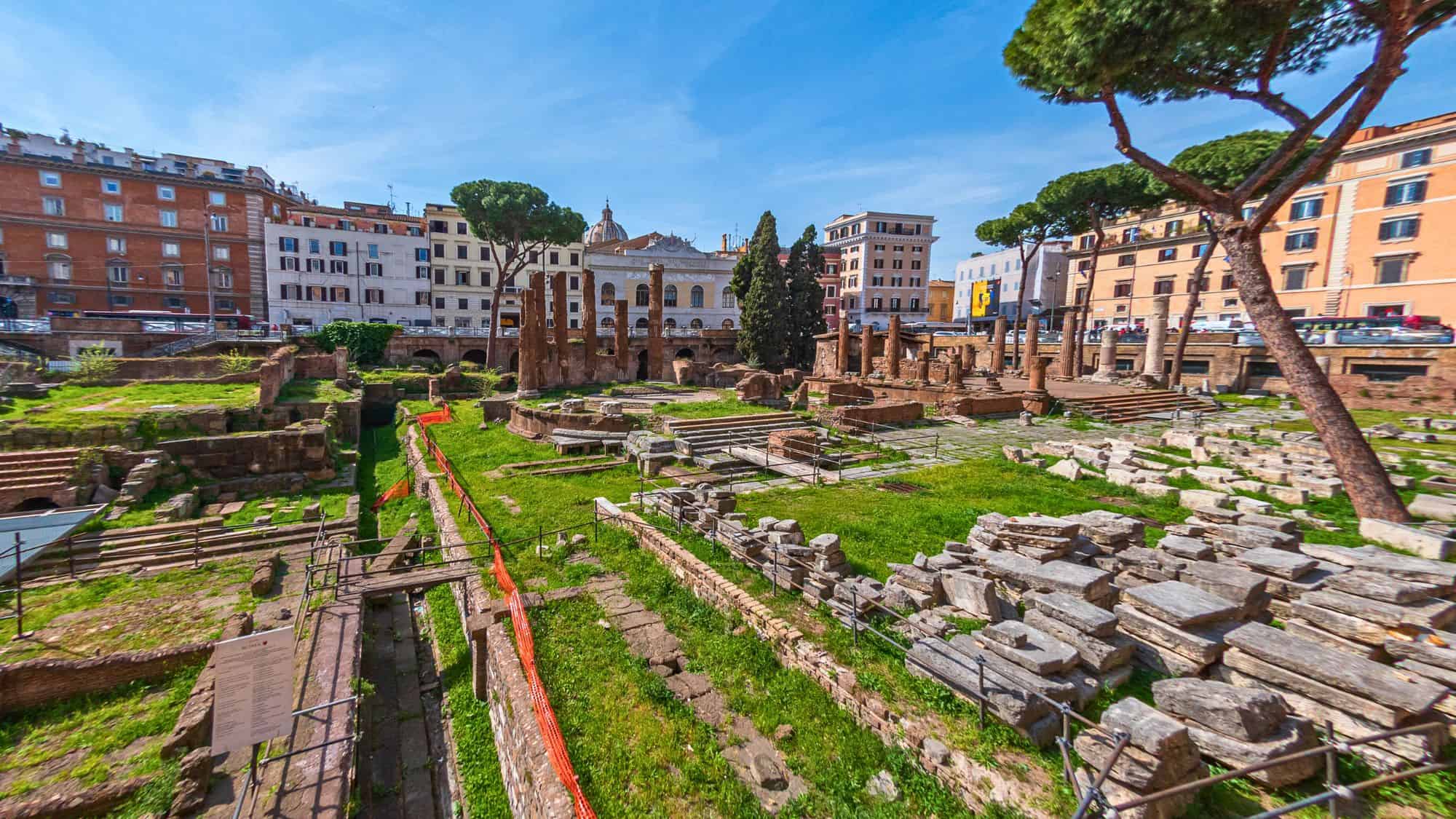 Rome, Italy - April 01 2019: The  ruins of Largo di Torre Argentina sacred area containing Roman temples and the remains of Pompey's Theatre, now a cat sanctuary.