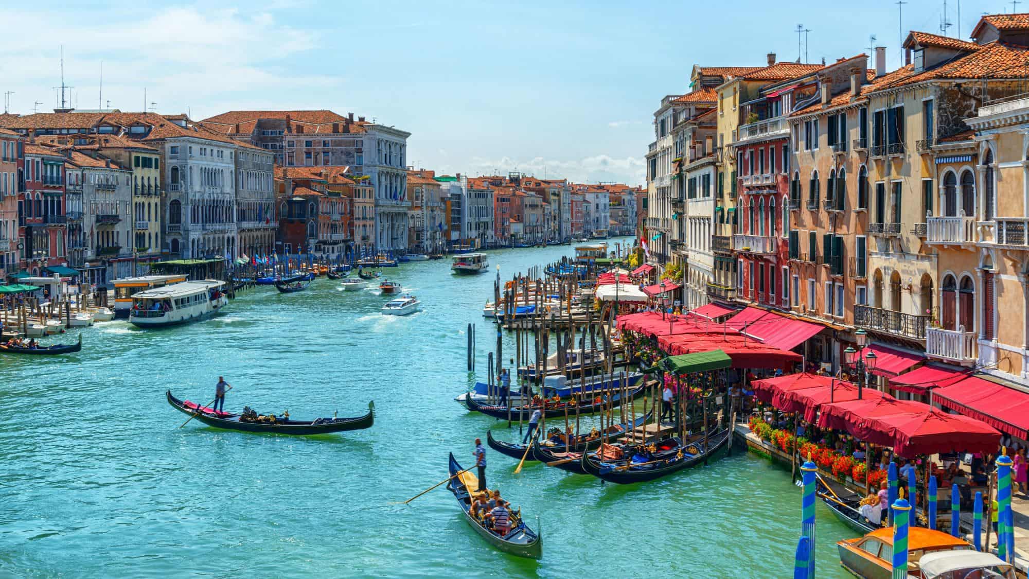 A lively daytime scene of the Grand Canal with the Rialto Bridge, colorful waterfront buildings, bustling gondolas, and outdoor cafés with red canopies.